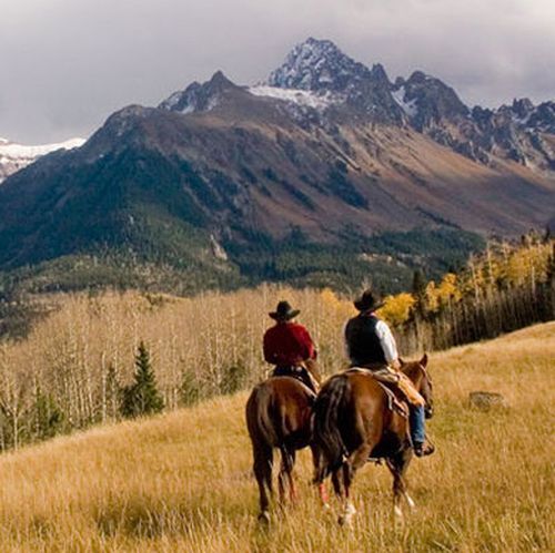 Horseback riders in a field at the base of the San Juan Mountains.